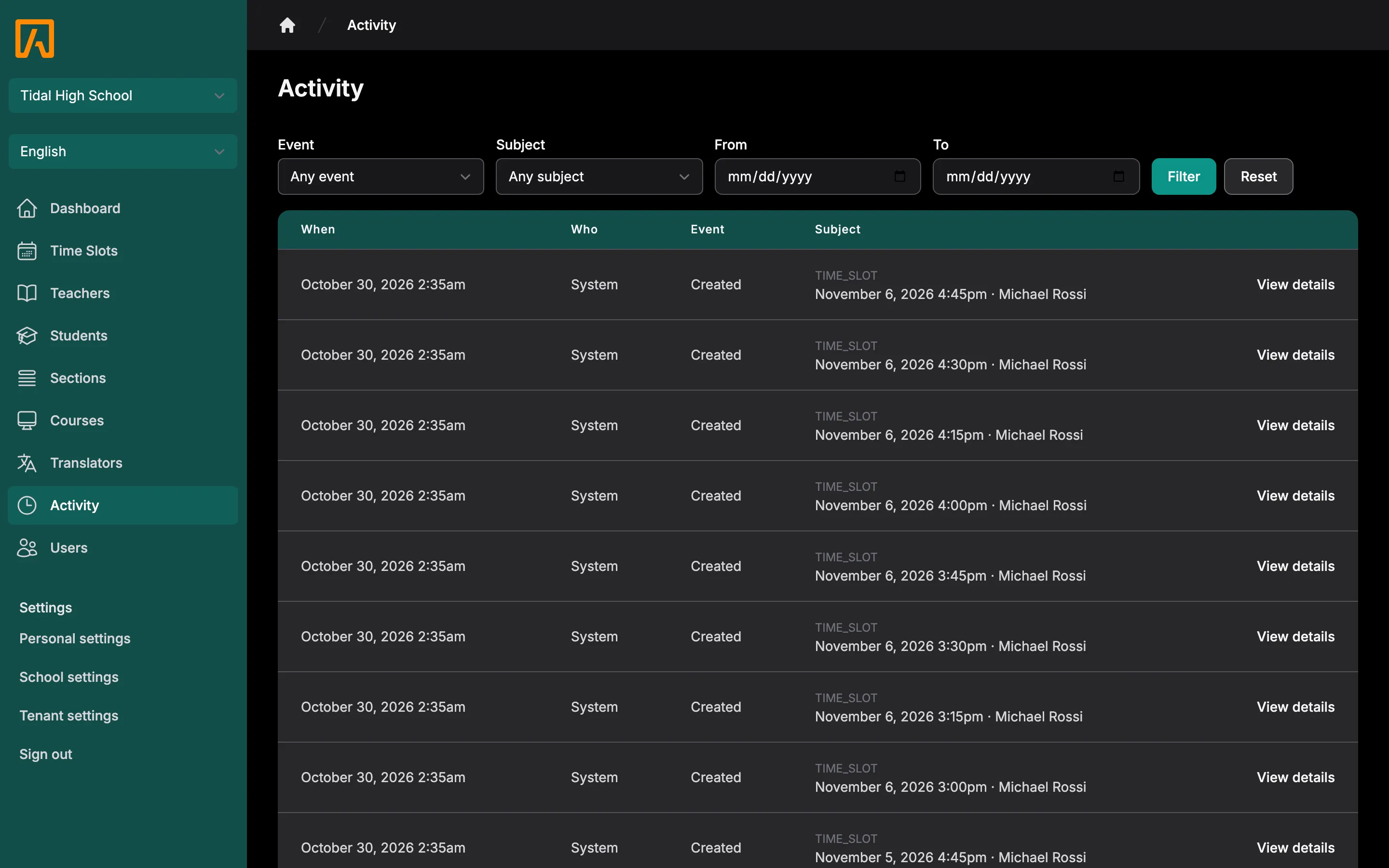 Activity log table with When, Who, Event and Subject columns and filters above it