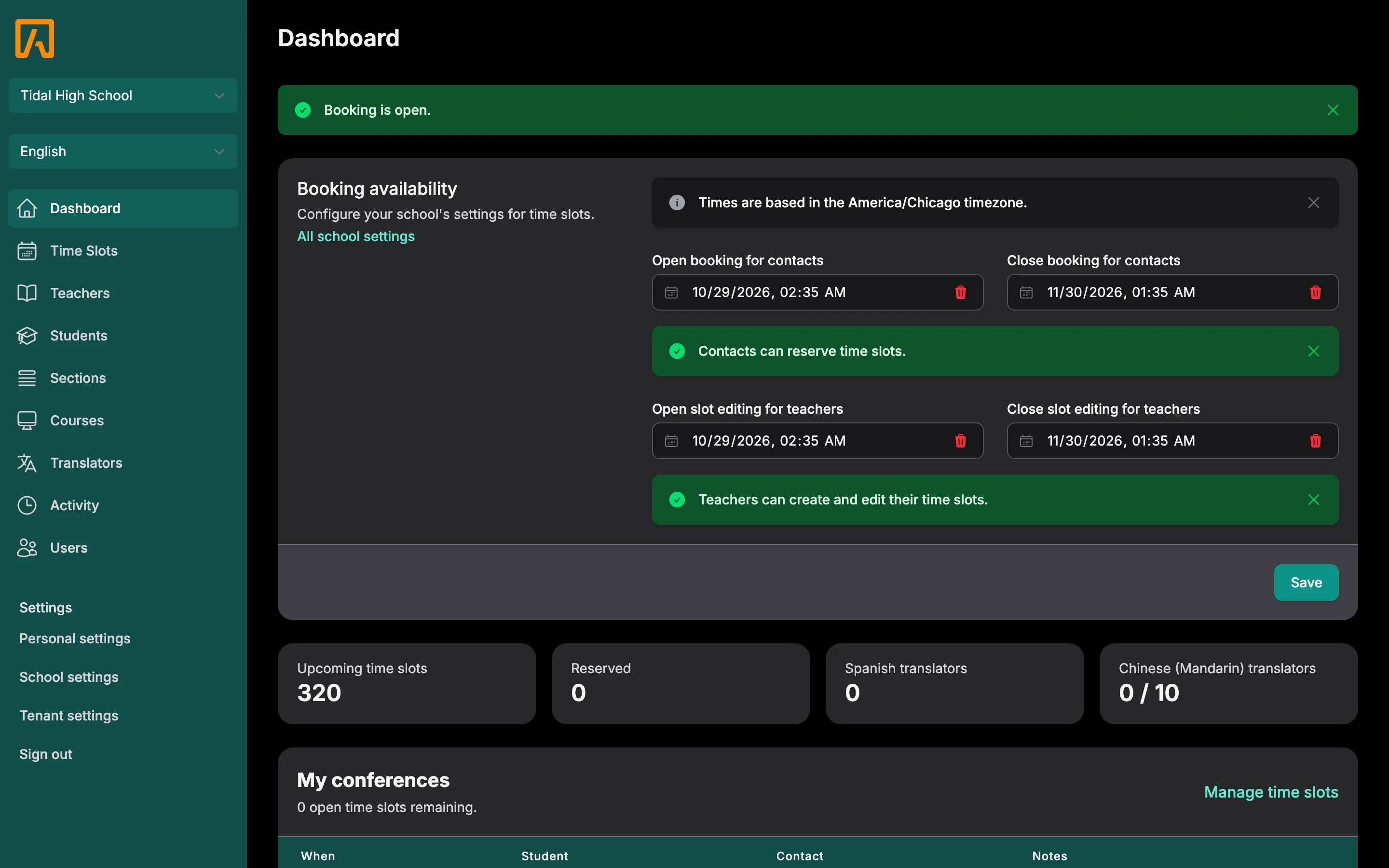 The Tidal PTC dashboard for a school administrator