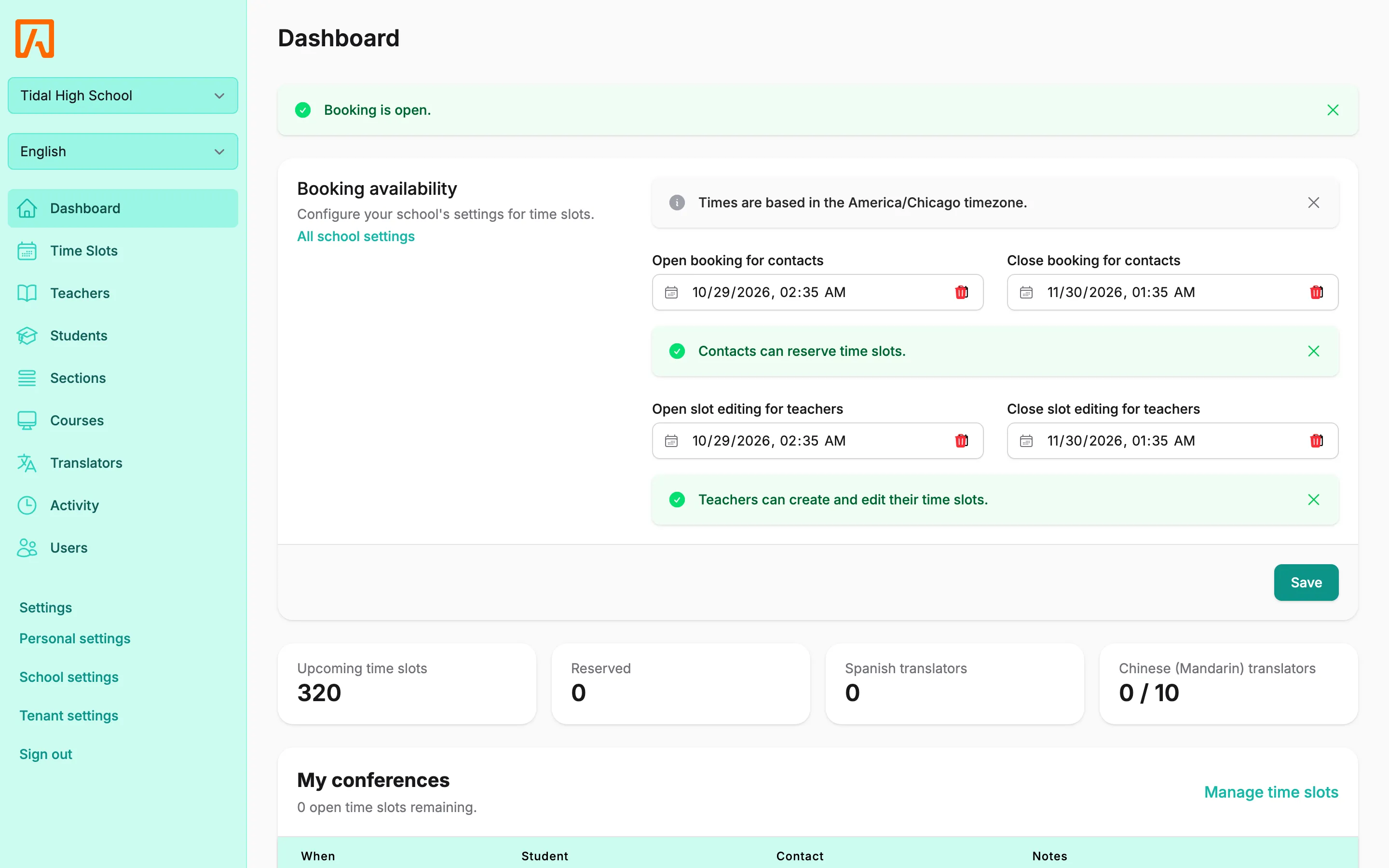 The Tidal PTC dashboard for a school administrator