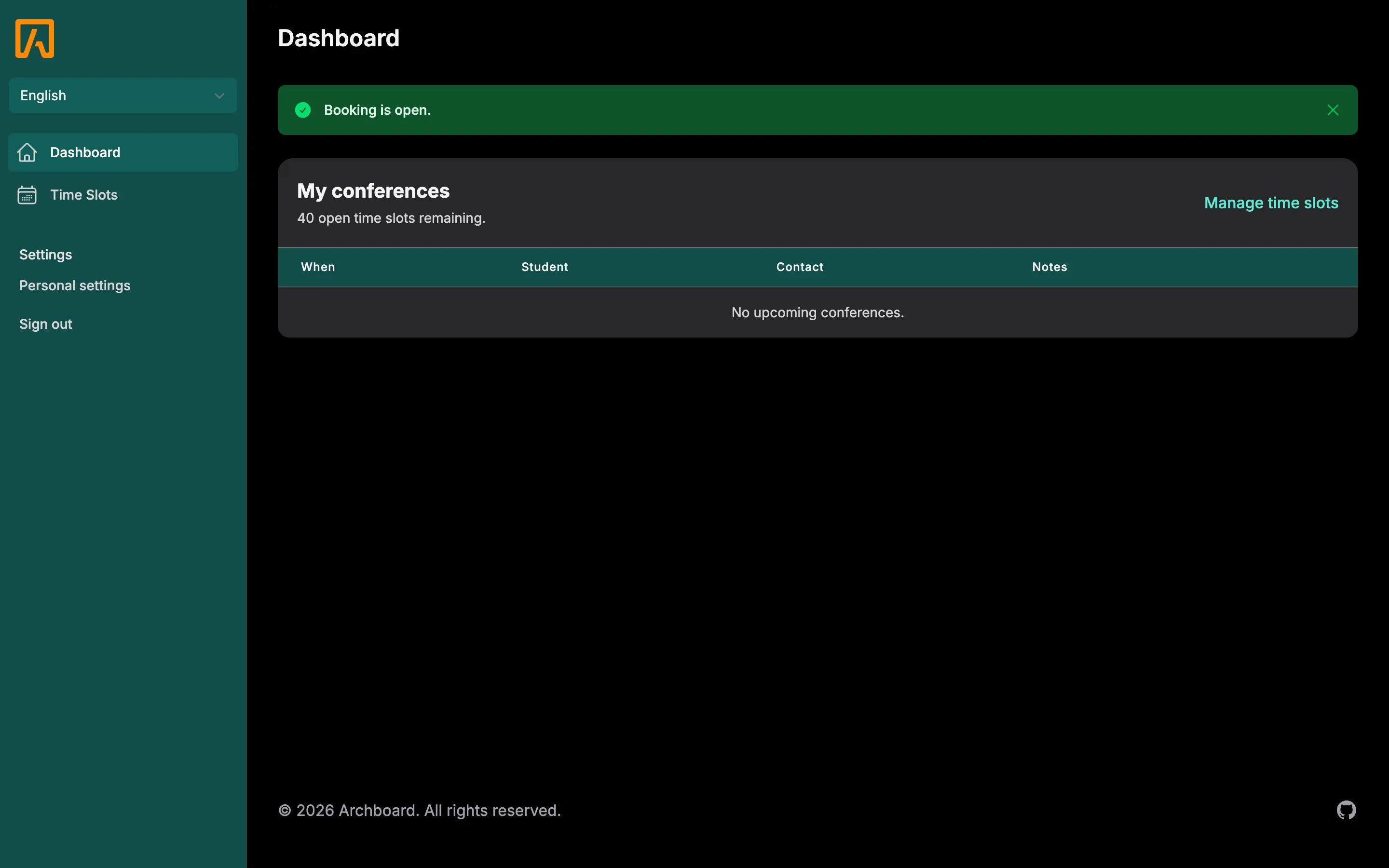 The teacher dashboard with a booking status banner and the My conferences table listing student, contact and notes