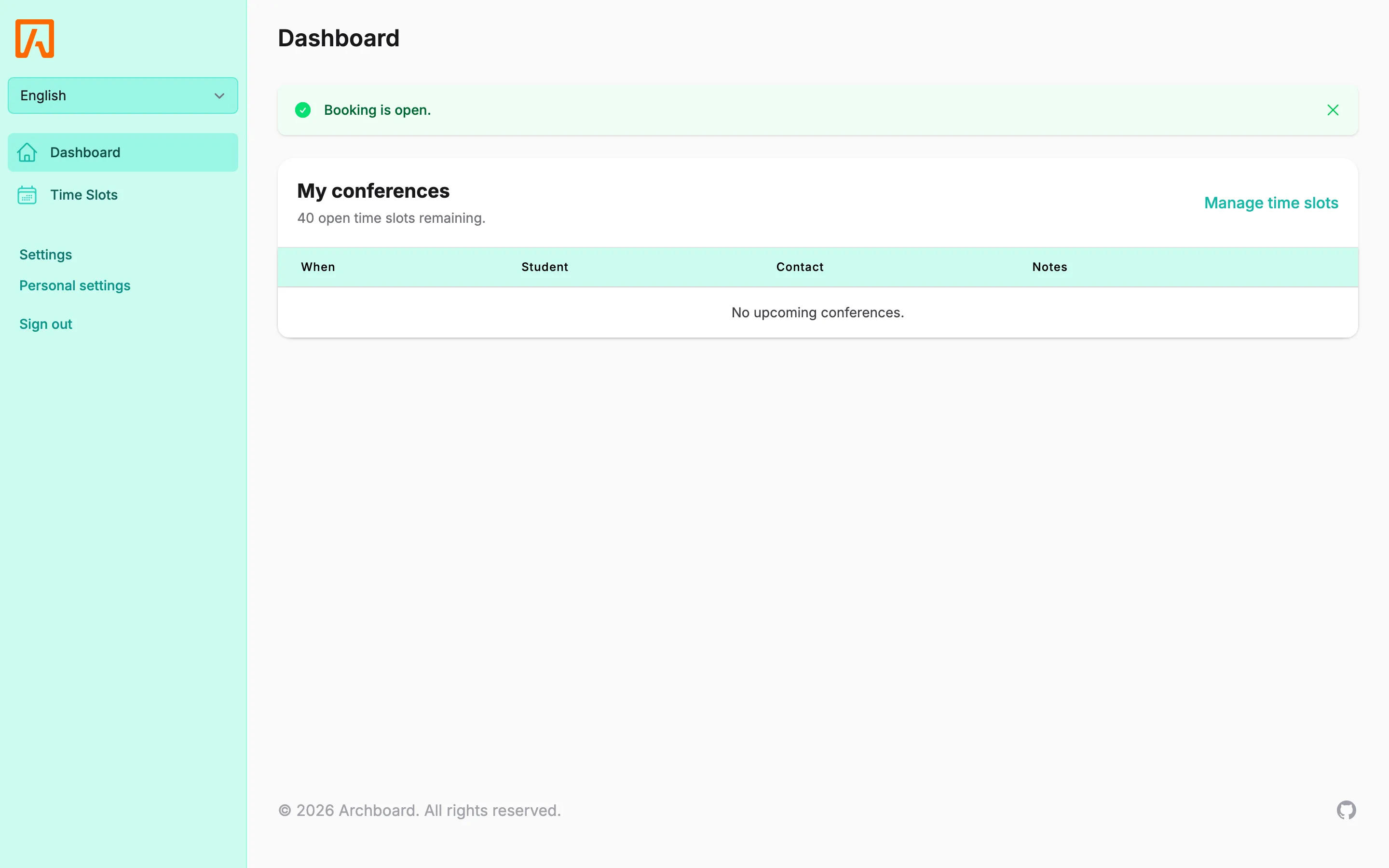 The teacher dashboard with a booking status banner and the My conferences table listing student, contact and notes