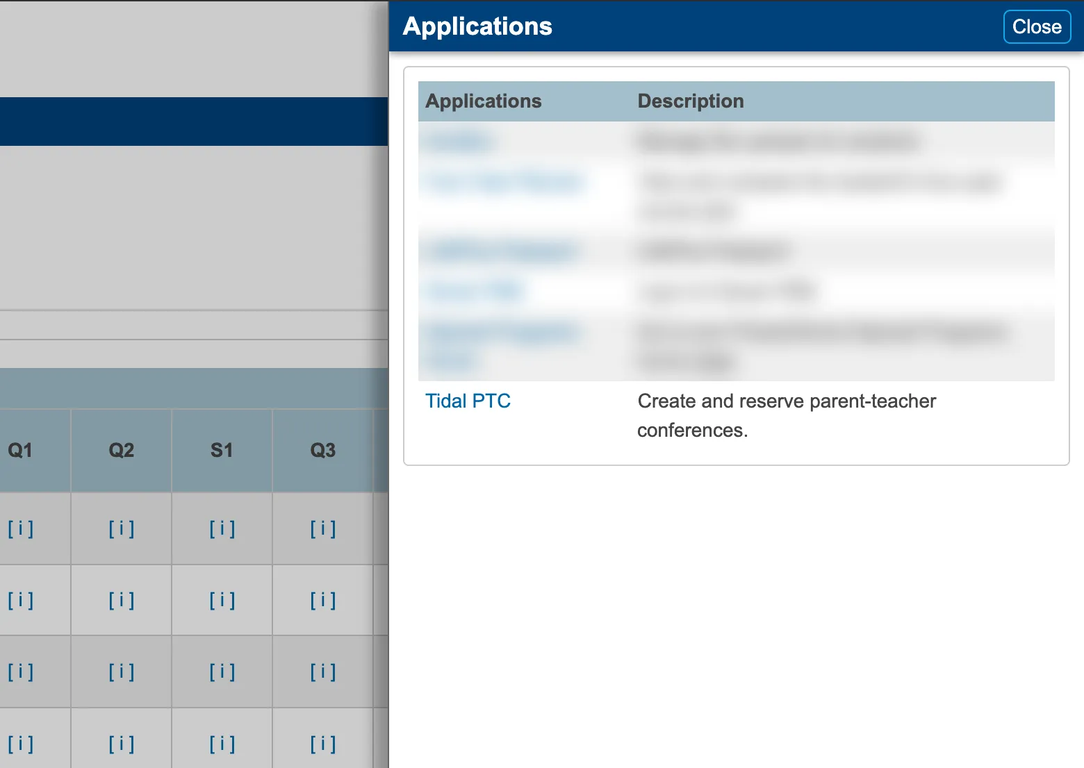 The PowerSchool Applications panel listing Tidal PTC, described as Create and reserve parent-teacher conferences