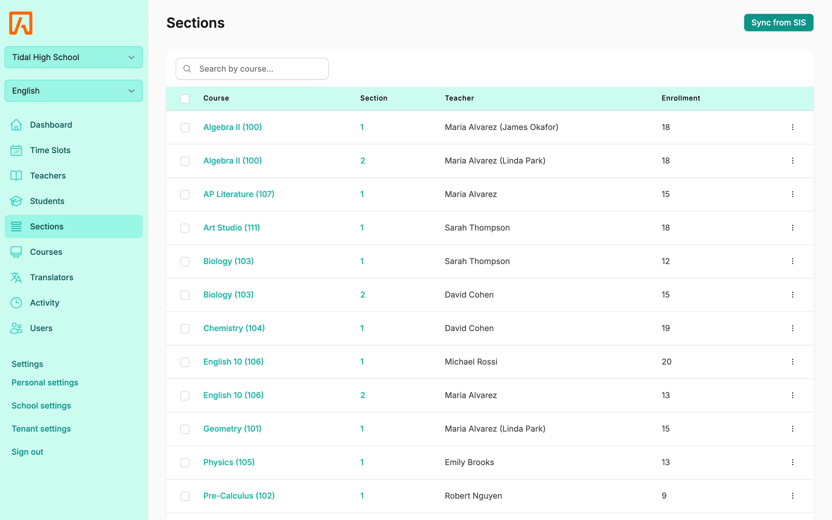 Sections list with course, section, teacher and enrollment columns