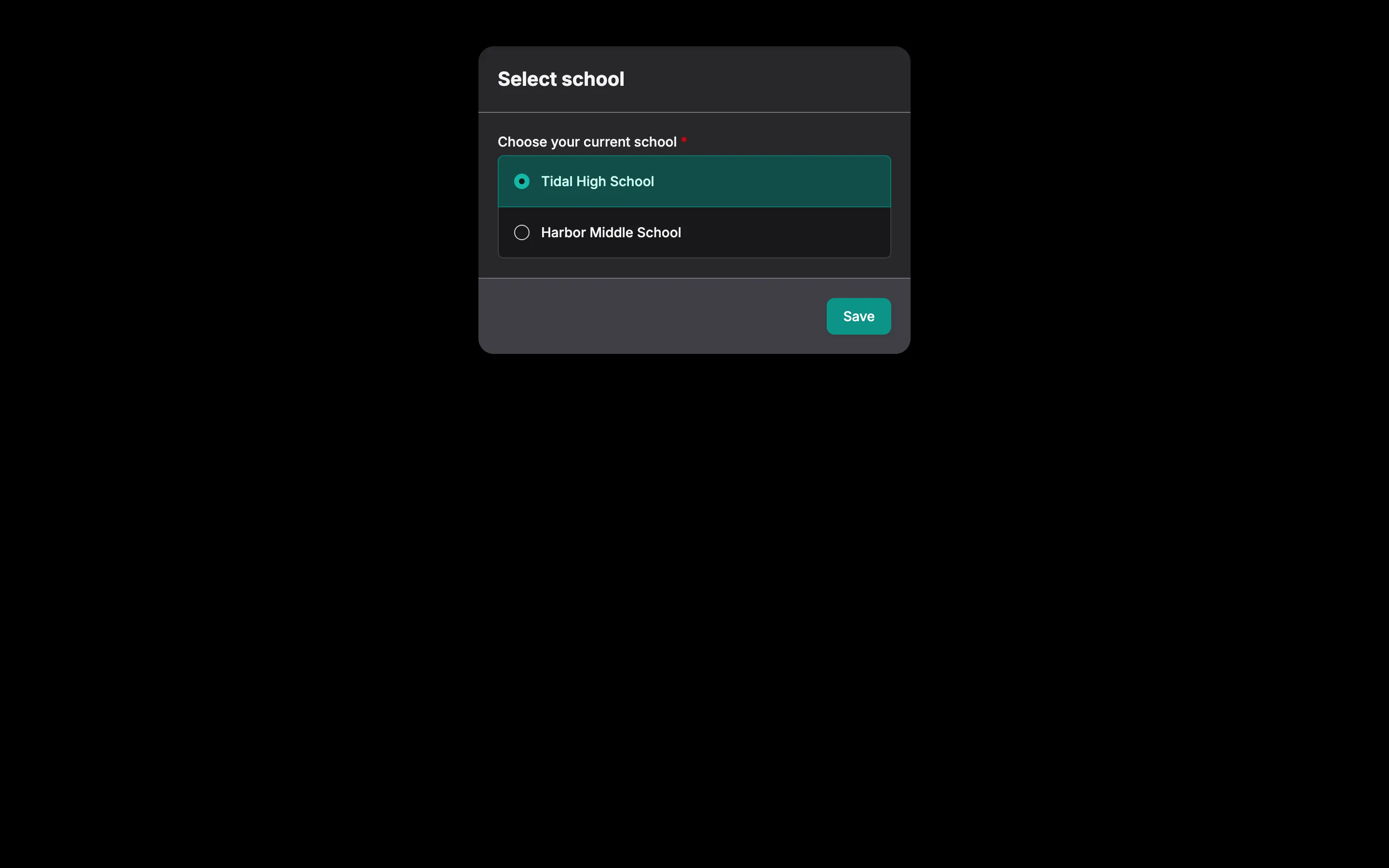 The Select school page listing the district's schools with a Save button