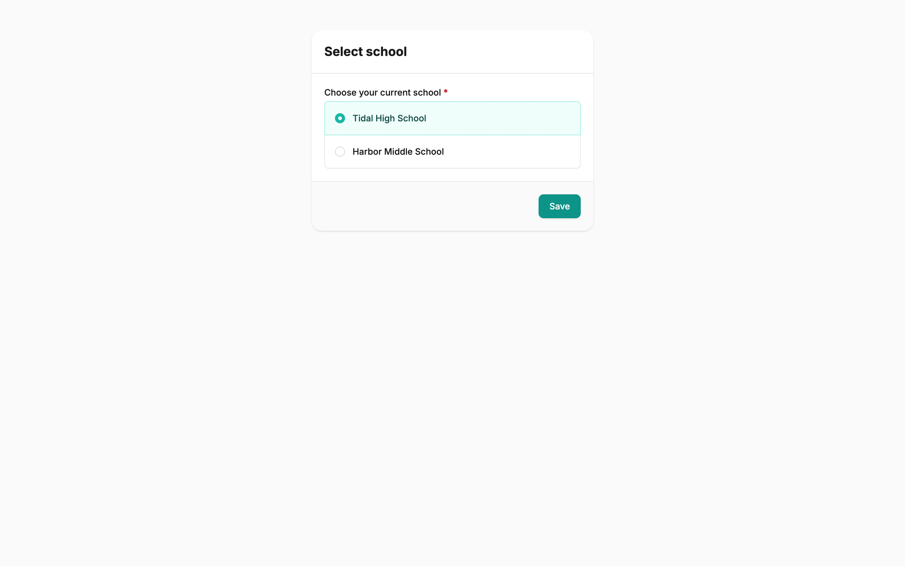 The Select school page listing the district's schools with a Save button