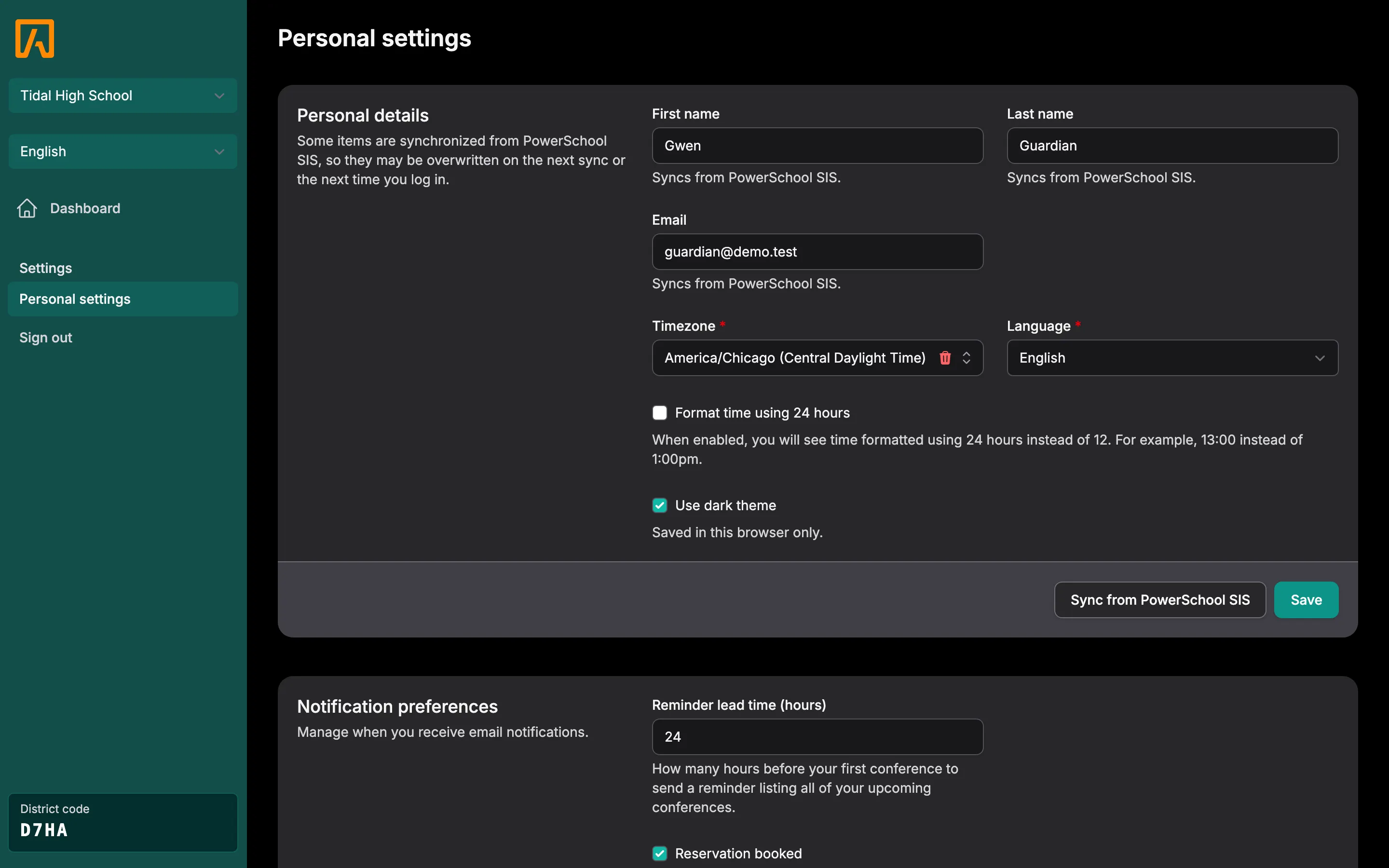 Personal settings for a parent showing the Notification preferences section with reminder lead time and email checkboxes