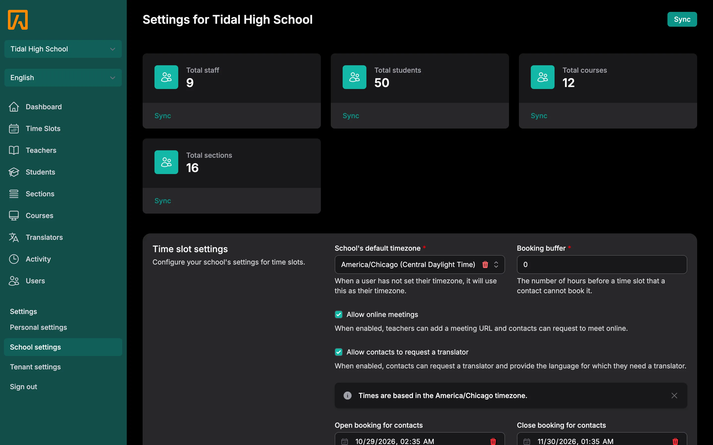 School settings page with Total staff, Total students, Total courses and Total sections cards, each with a Sync action