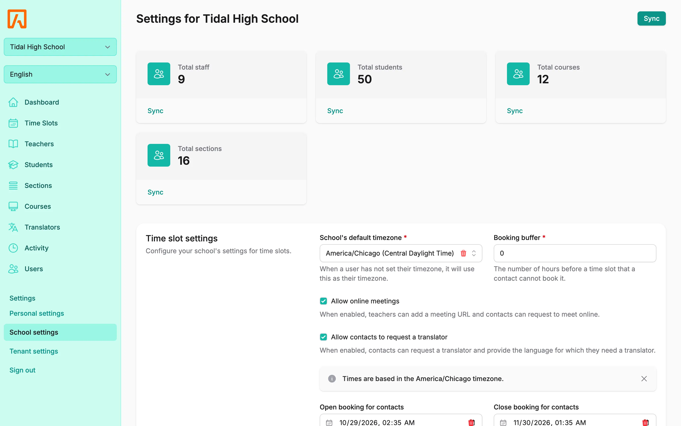 School settings page with Total staff, Total students, Total courses and Total sections cards, each with a Sync action