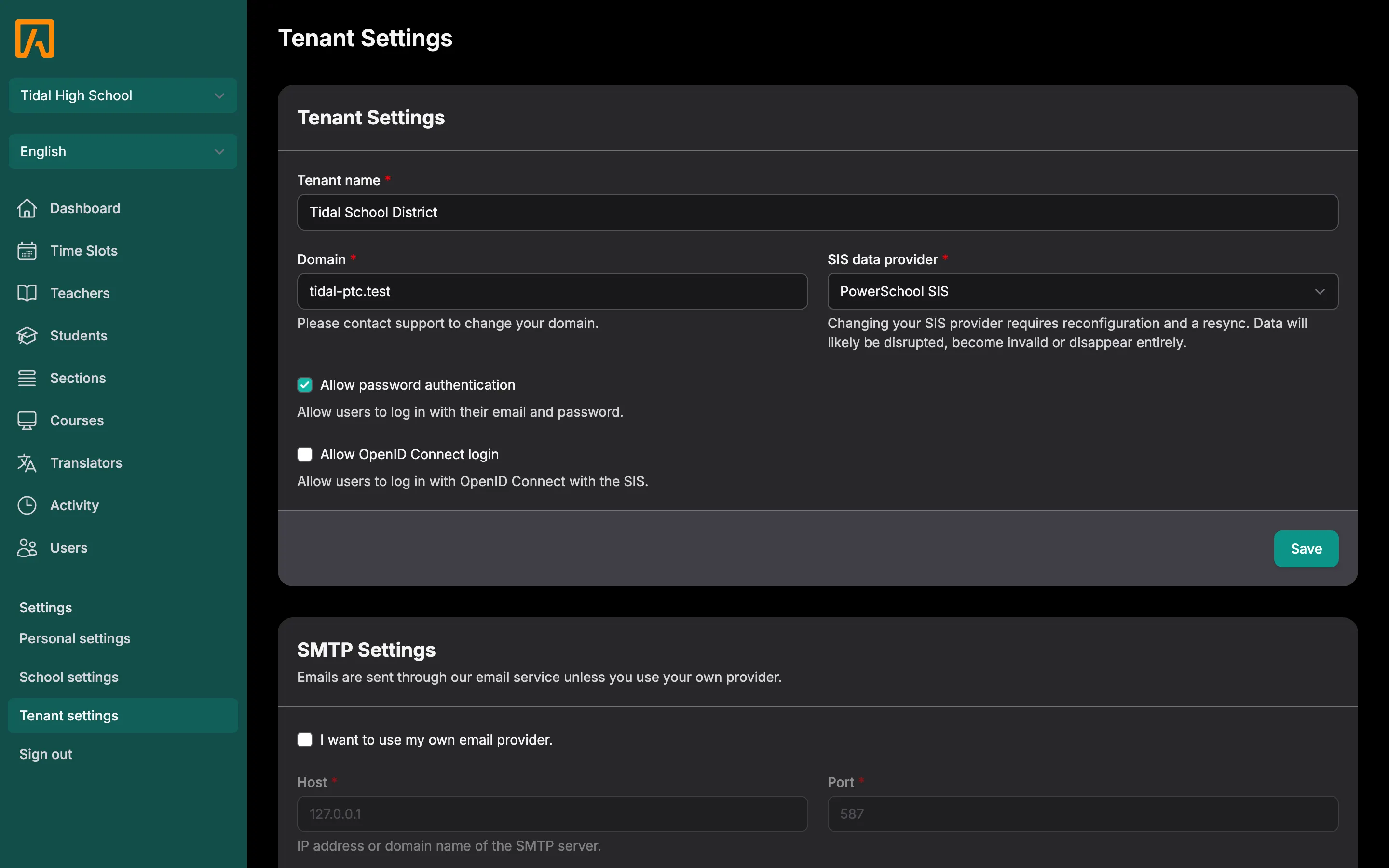 Tenant settings page with the Tenant Settings, SMTP Settings, PowerSchool plugin and Active schools cards