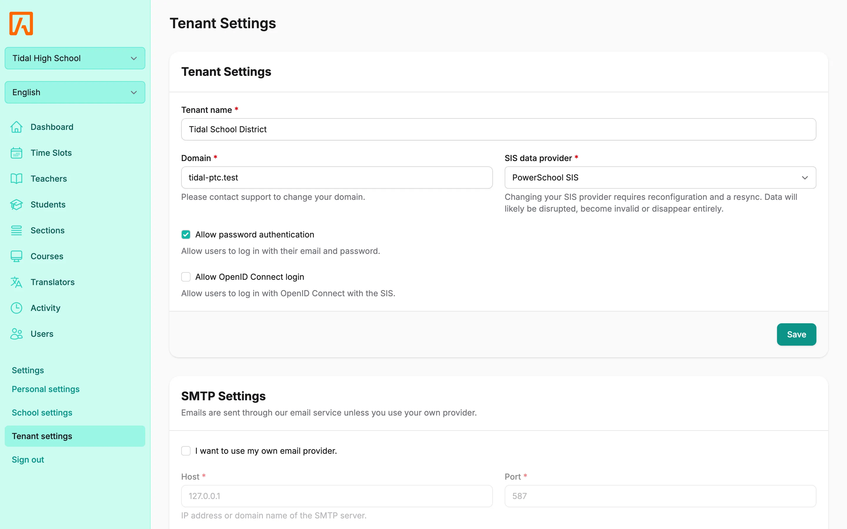 Tenant settings page with the Tenant Settings, SMTP Settings, PowerSchool plugin and Active schools cards