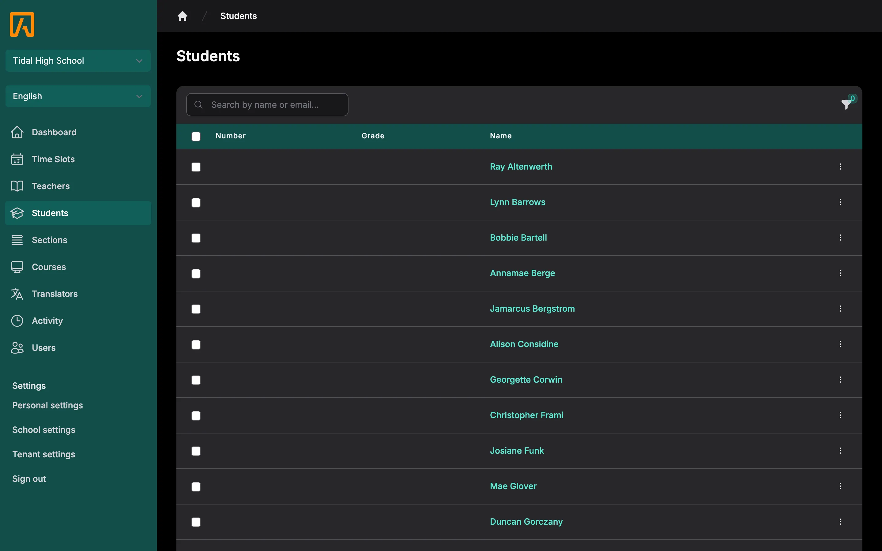 Students list with number, grade and name columns