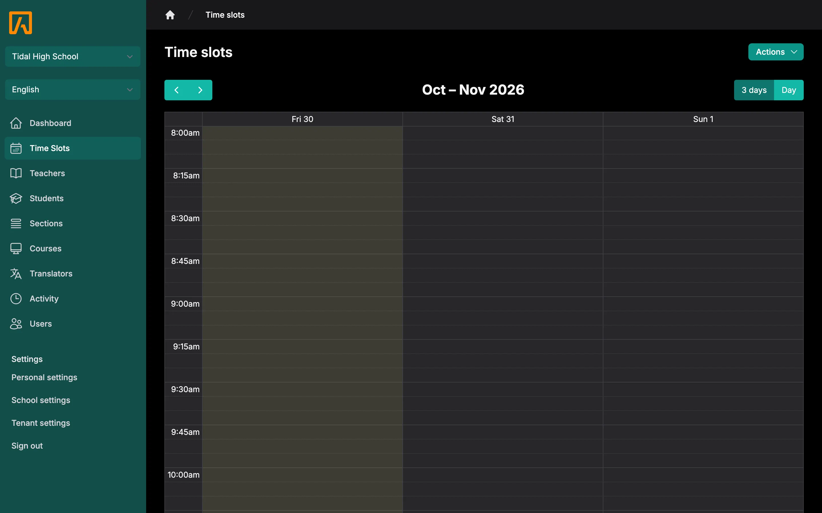 Time slots calendar in week view with the actions menu open