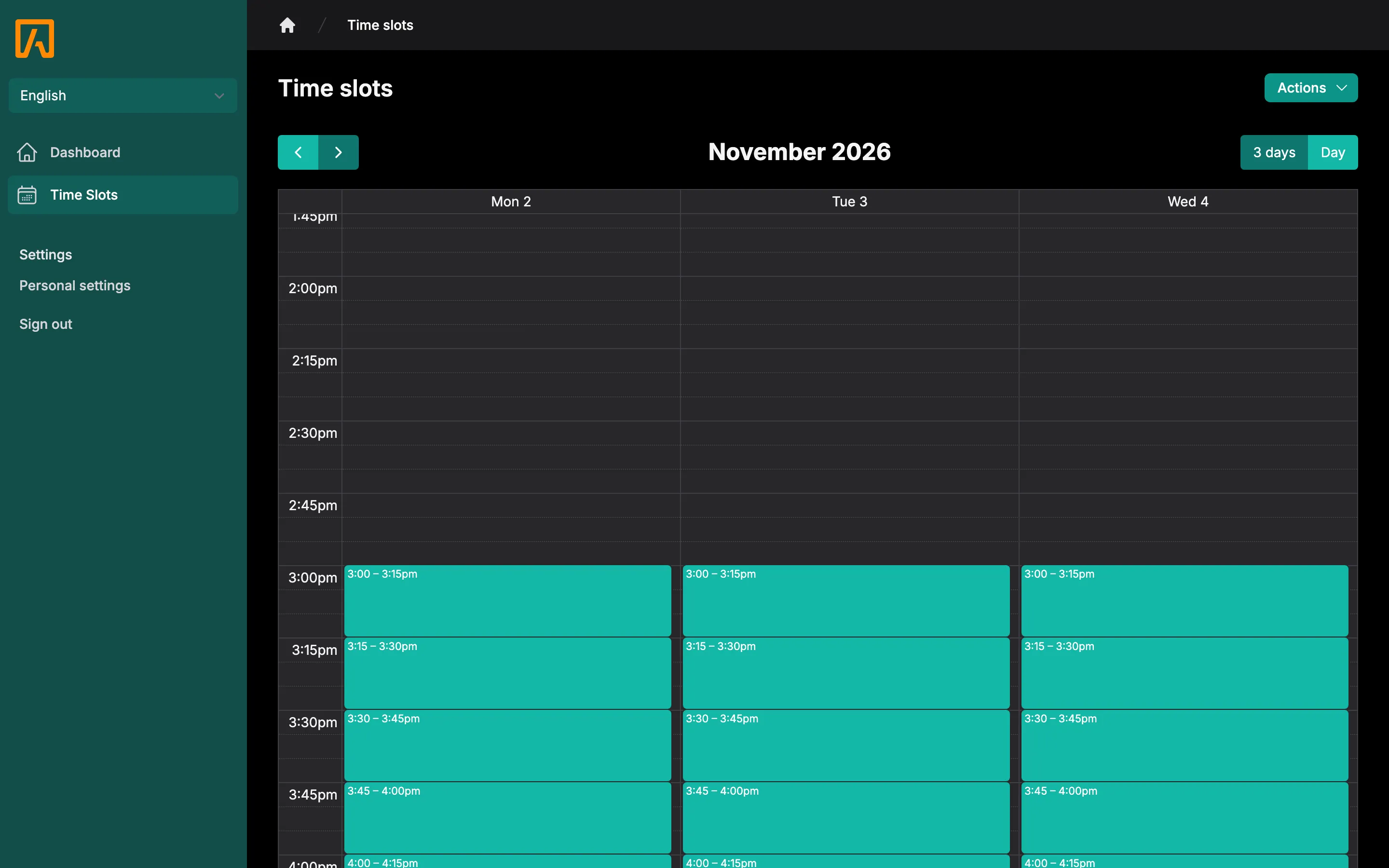 A teacher’s time slots calendar with three days of open conference times