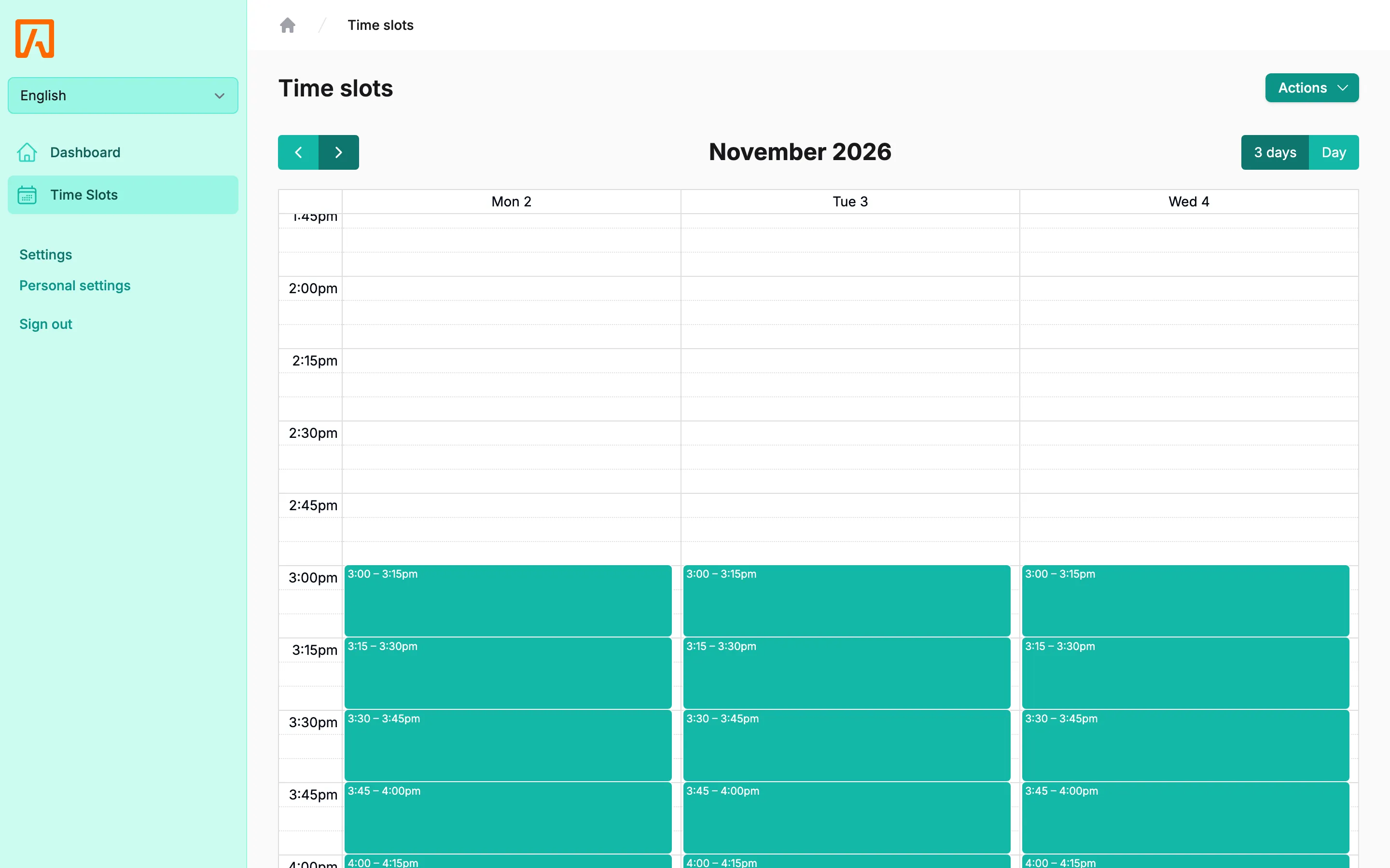 A teacher’s time slots calendar with three days of open conference times