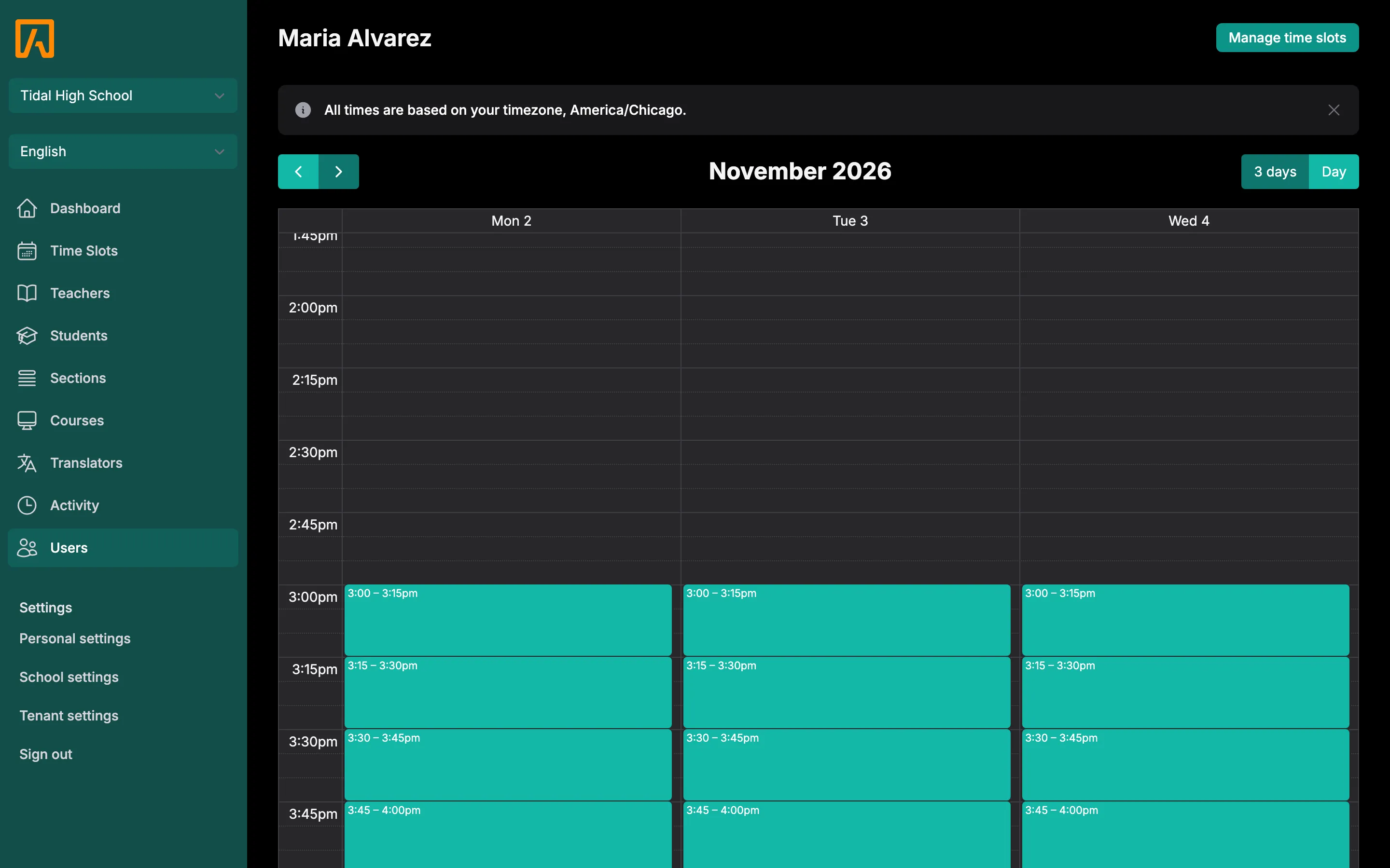A staff member's page showing their time slots on a calendar