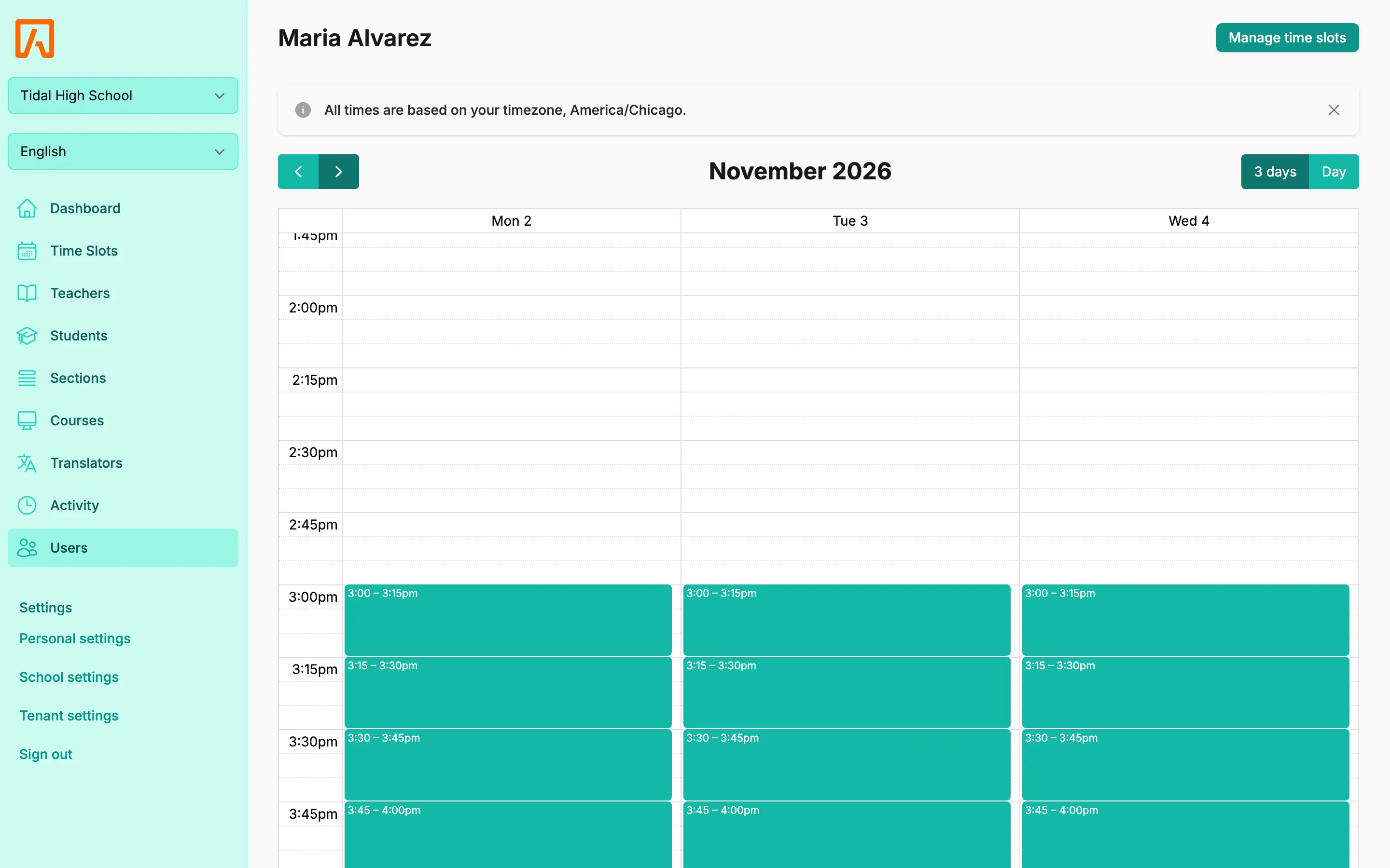 A staff member's page showing their time slots on a calendar