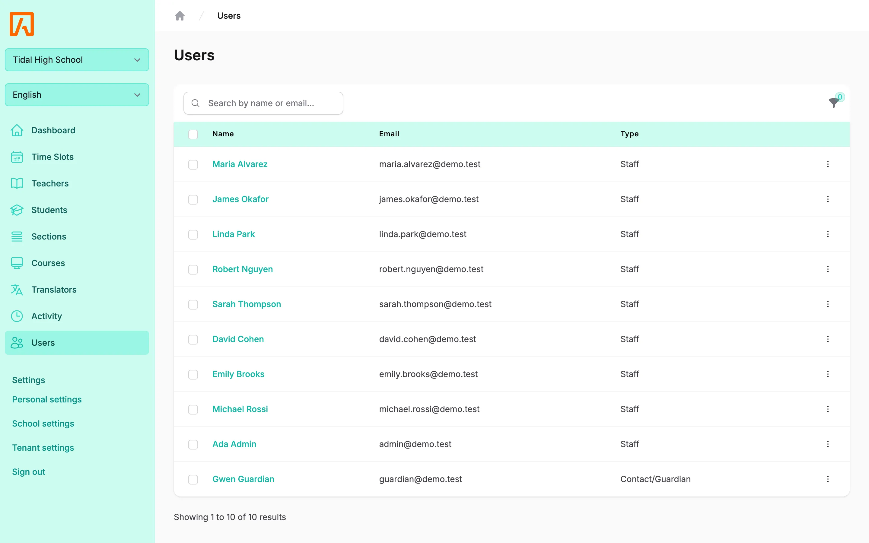 The users list for a school, with staff and guardians